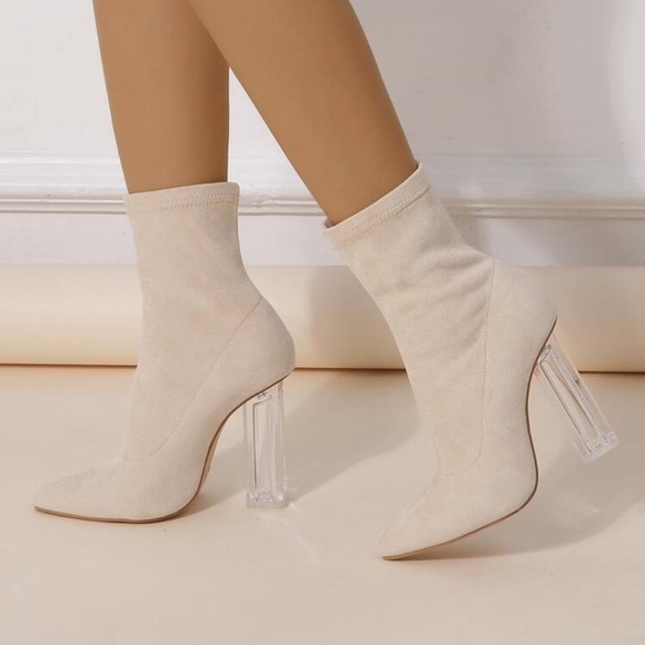 Apricot-cream suede short heeled ankle booties - Picture 1 of 4